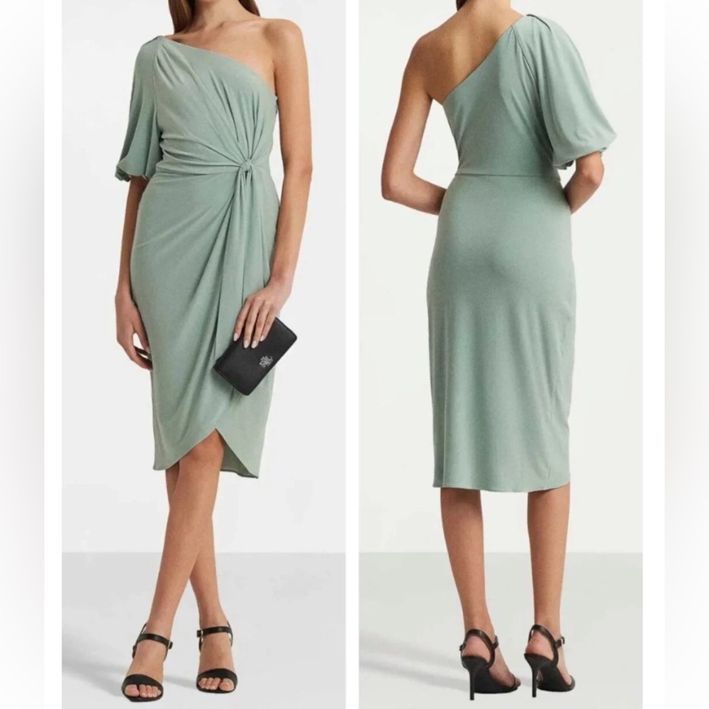NWT Ralph Lauren 8 14 Women's Green Jersey Tie-Waist Balloon-Sleeve Midi Dress